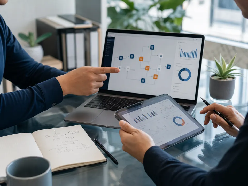 Profesionales revisando automatizaciones, dashboards y flujos de trabajo
